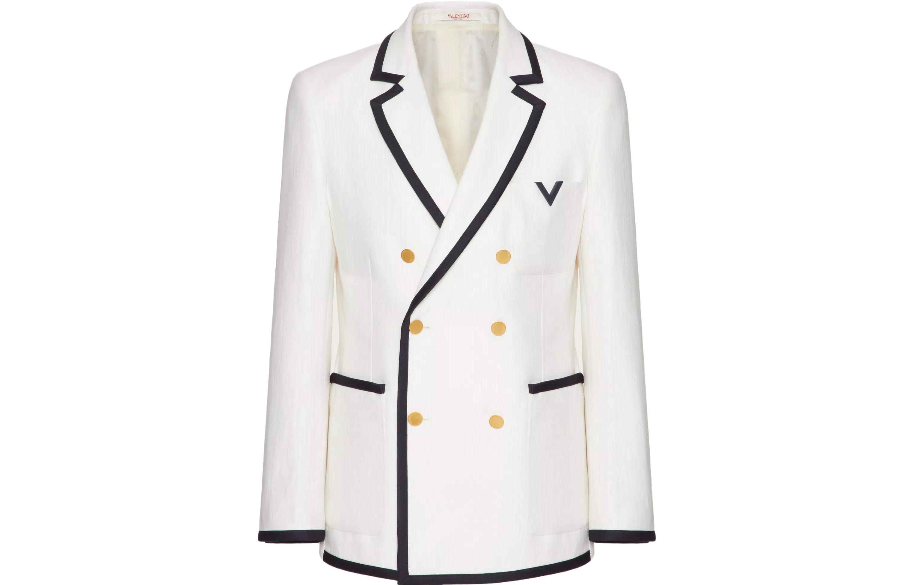 Valentino Ivory Chevron Double-Breasted Wool Silk Jacket with Gem Details 4V3CEE619U6A03