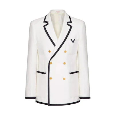 Valentino Ivory Chevron Double-Breasted Wool Silk Jacket with Gem Details 4V3CEE619U6A03