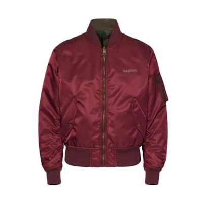 Valentino Letter Logo Print Stand Collar Jacket in Chestnut Brown VCIL658MK697