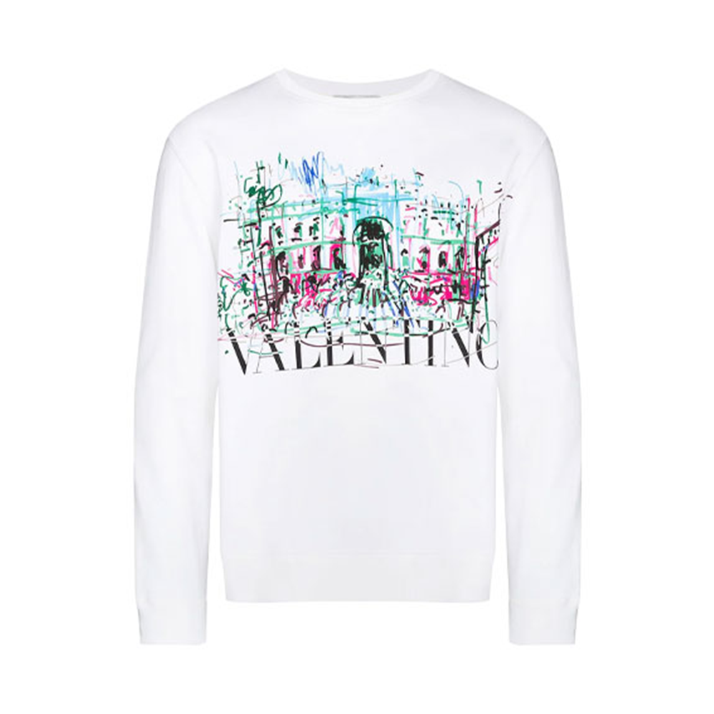 Valentino Logo Sketch Print Crewneck Sweatshirt White VMF14M7AD33U