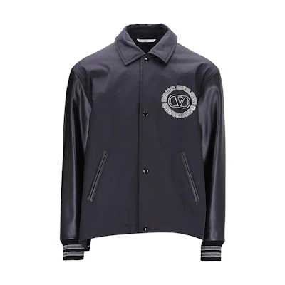 Valentino Men’s Black Jacket with Solid Color Letter Print and Snap Collar Design 3V3CIN059F90NO