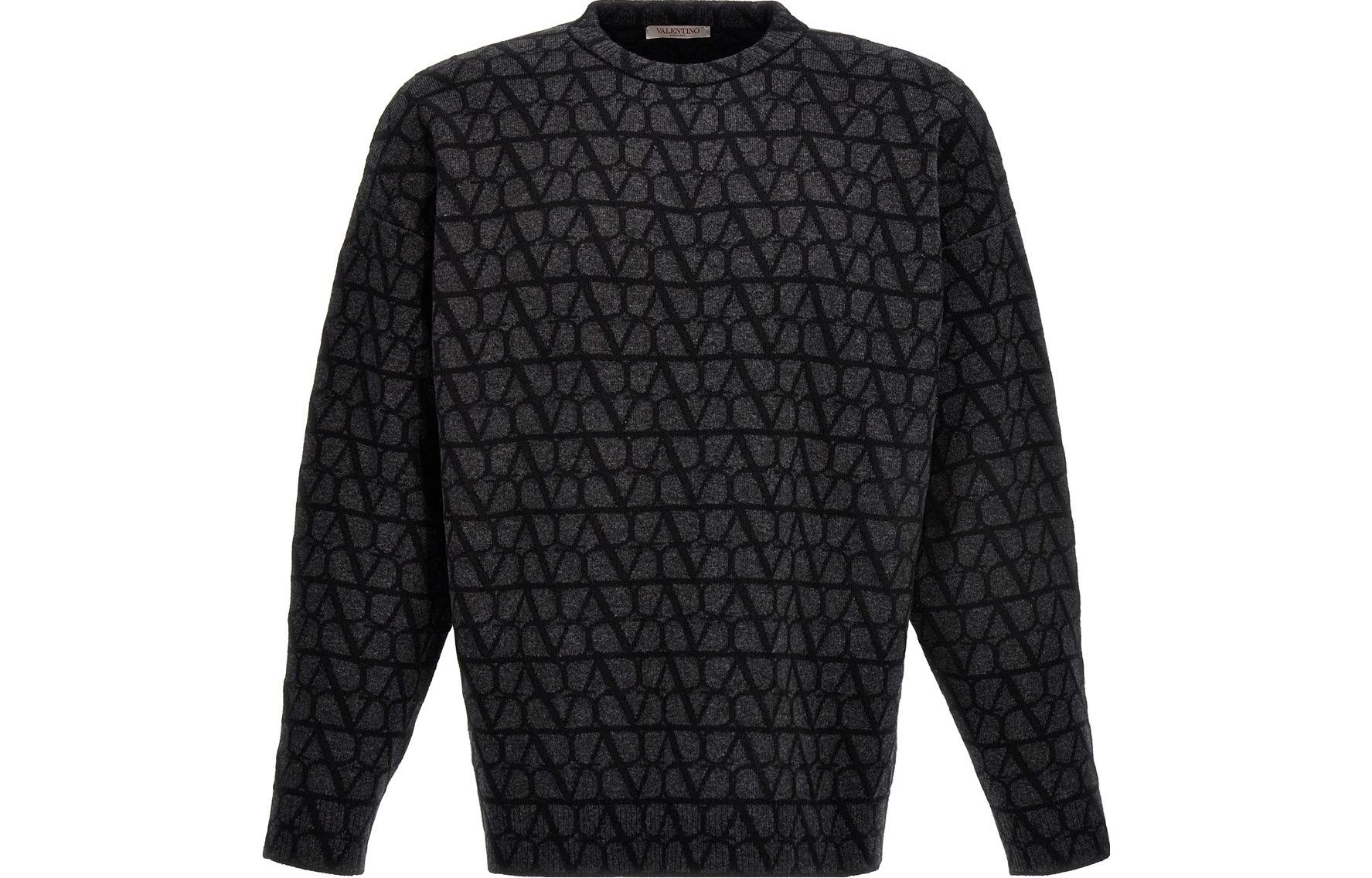 Valentino Men’s SS23 All-Over Letter Print Black Long-Sleeve Sweater. 3V3KC27A9K3MJG