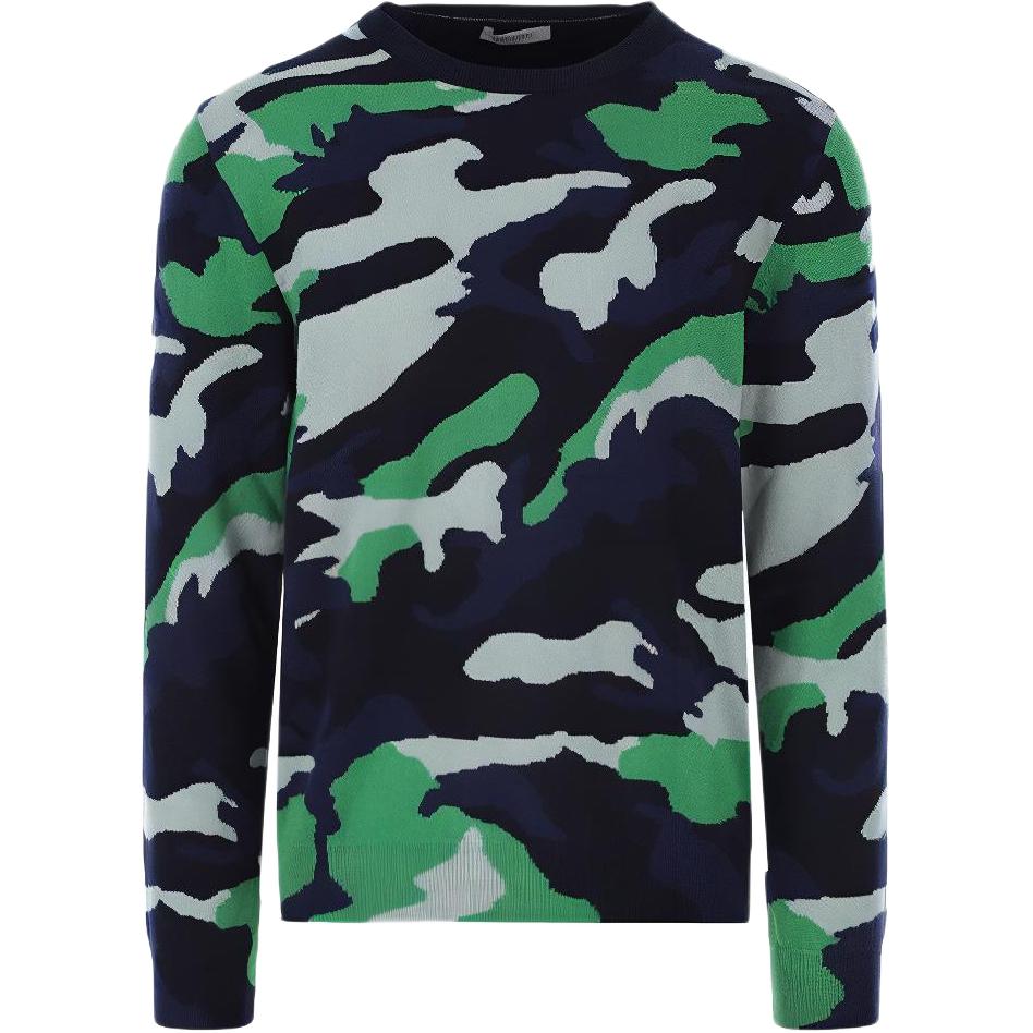 Valentino Multicolor Camo Wool Crewneck Sweater Green TV3KC00F2E313D