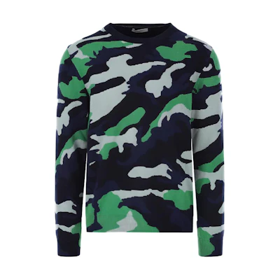 Valentino Multicolor Camo Wool Crewneck Sweater Green TV3KC00F2E313D