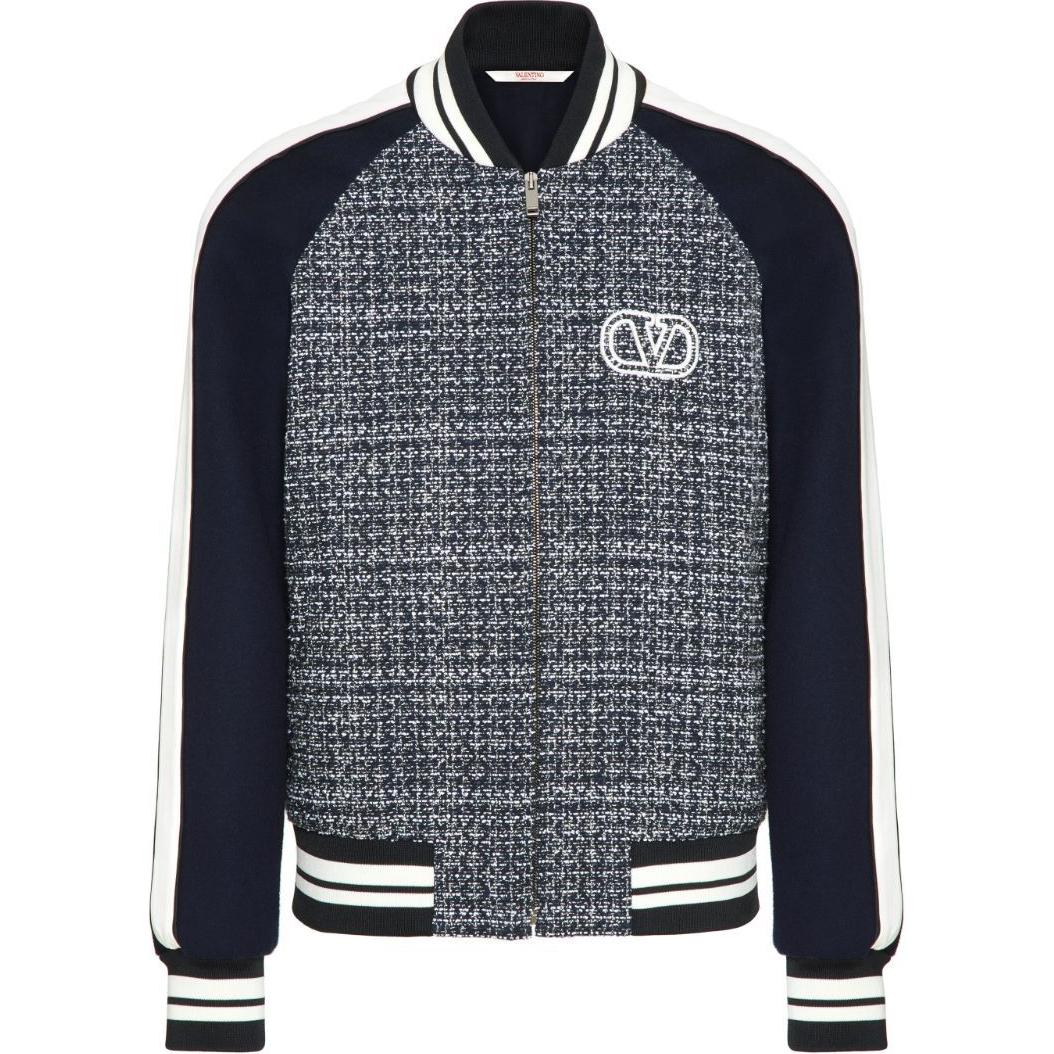Valentino Navy Blue Logo Tweed Varsity Bomber Jacket with Raglan Sleeves VCI0B2ABD
