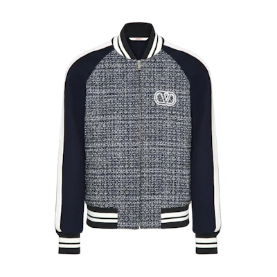 Valentino Navy Blue Logo Tweed Varsity Bomber Jacket with Raglan Sleeves VCI0B2ABD