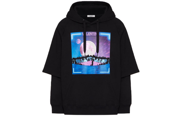 Valentino Pullover Printed Lace-up Hoodie Black XV3MF20R85JFC1