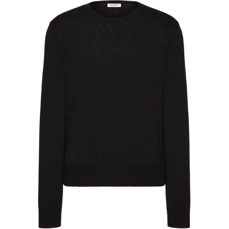 Valentino Solid Color Crewneck Ribbed Sweatshirt Black VKC28E9VRN01