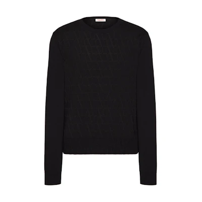 Valentino Solid Color Crewneck Ribbed Sweatshirt Black VKC28E9VRN01