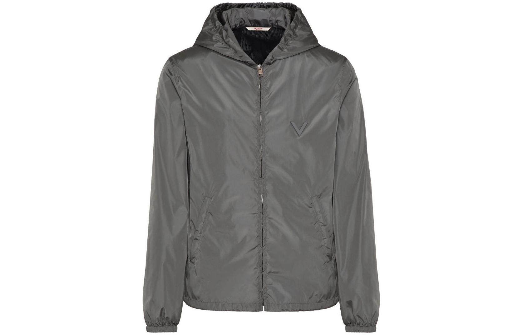 Valentino Solid Color Logo Patch Hooded Zip Jacket Coat in Charcoal Gray 5V3CI355ADP094