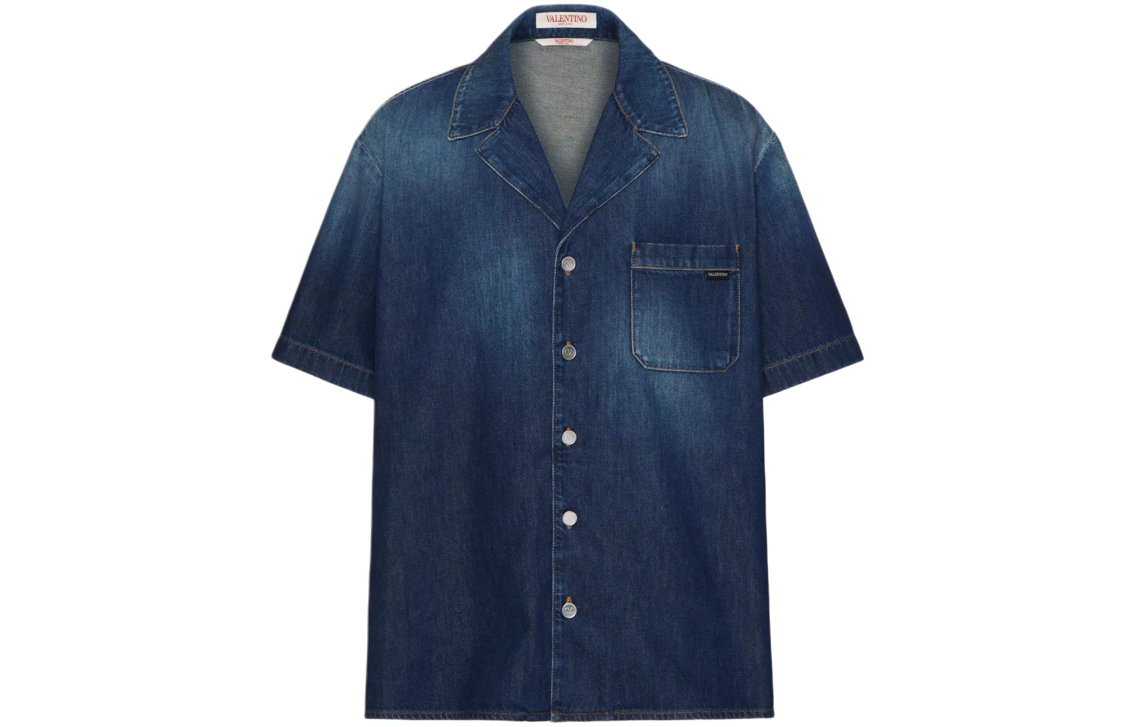 Valentino Solid Color Short Sleeve Button-Up Jacket Navy Blue VDB02K9W7528