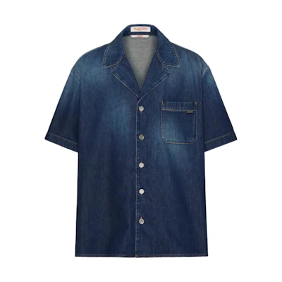 Valentino Solid Color Short Sleeve Button-Up Jacket Navy Blue VDB02K9W7528