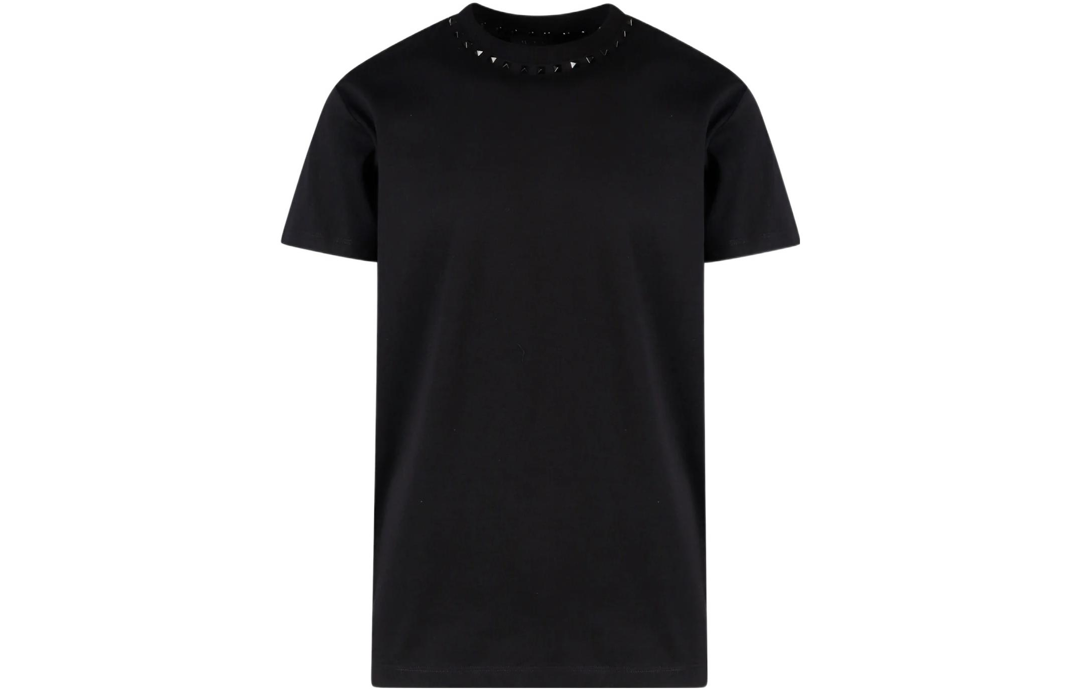 Order Valentino Kaos Leher Bulat Warna Solid Studded FW22 Hitam Tee 3V3MG08X959-0NO