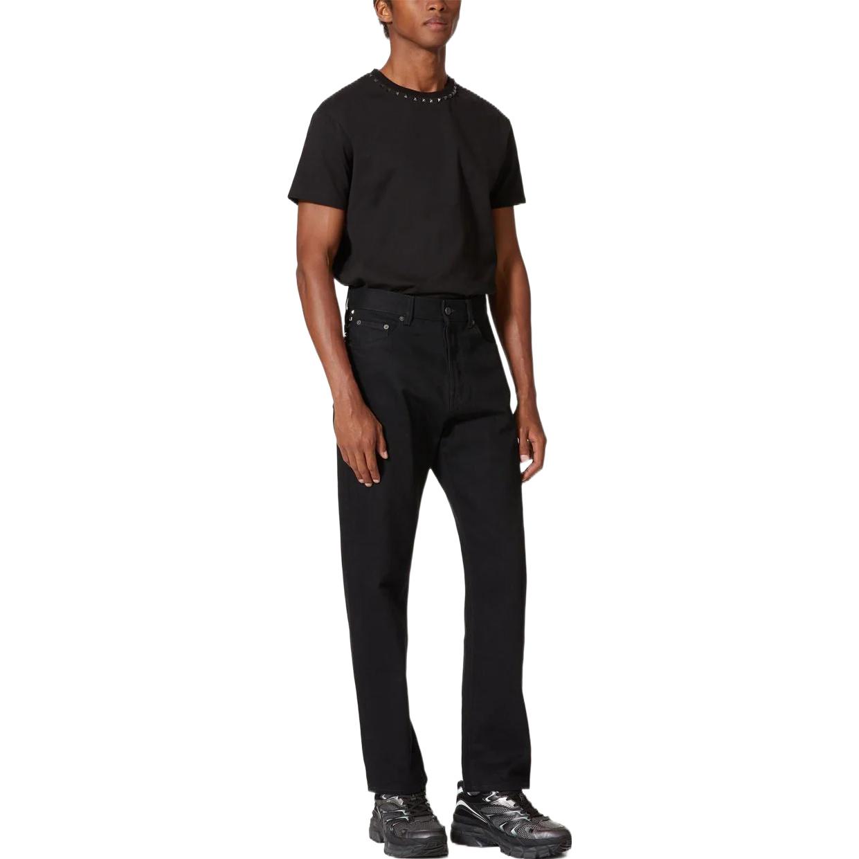 Shop Valentino Kaos Leher Bulat Warna Solid Studded FW22 Hitam Tee 3V3MG08X959-0NO