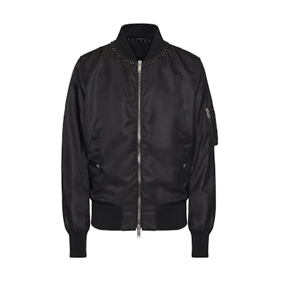 Valentino Solid Color Studded Zipper Jacket Black VCI1702KP-0NO