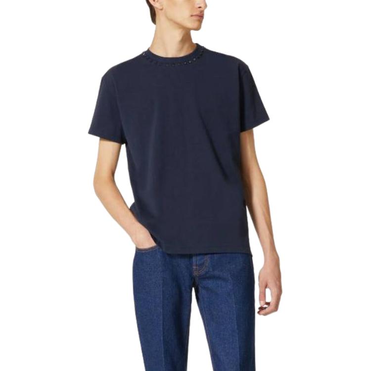 Shop 발렌티노 남성 네이비 블루 슬림핏 반팔 크루넥 티셔츠 4V3MG08X959598