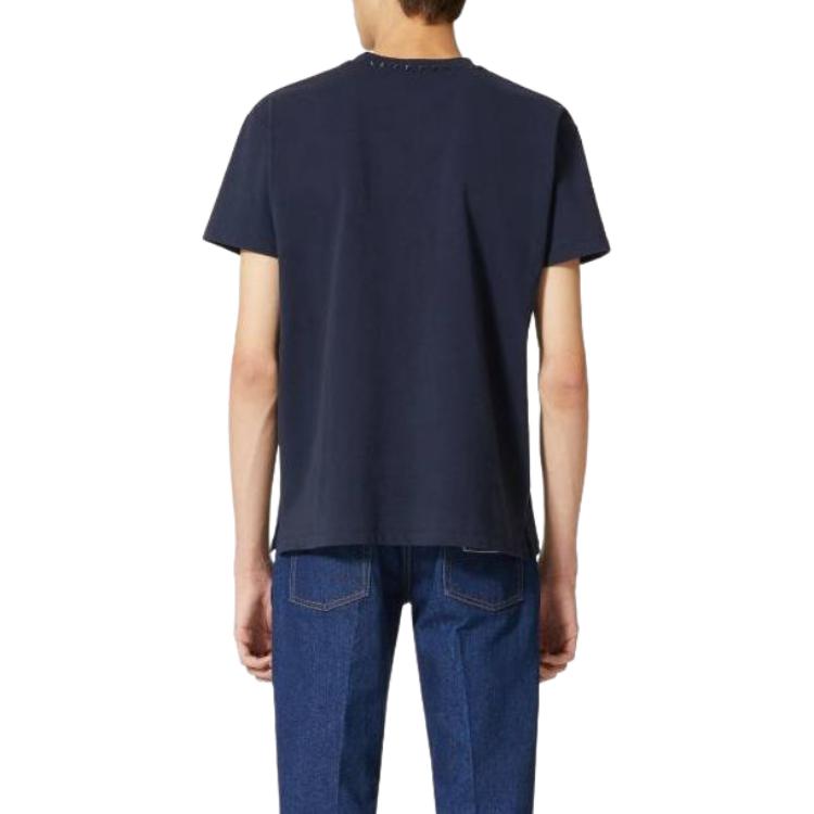 Purchase 발렌티노 남성 네이비 블루 슬림핏 반팔 크루넥 티셔츠 4V3MG08X959598