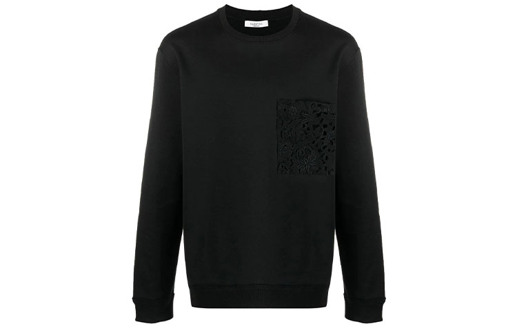 Valentino SS21 Black Lace Pocket Pullover Sweatshirt VV0MF14M7FD0NI