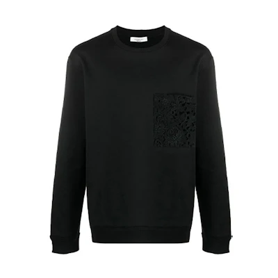 Valentino SS21 Black Lace Pocket Pullover Sweatshirt VV0MF14M7FD0NI
