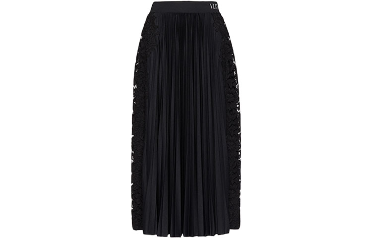 Valentino SS21 Black Logo Pleated Cut-Out Midi Skirt. VB3MD02T668N01