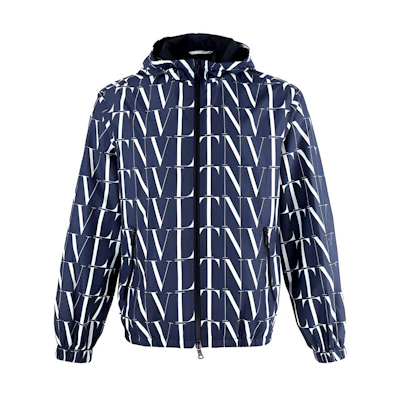 Valentino SS21 Blue Logo Print Nylon Hooded Jacket VV3CI3686G0022