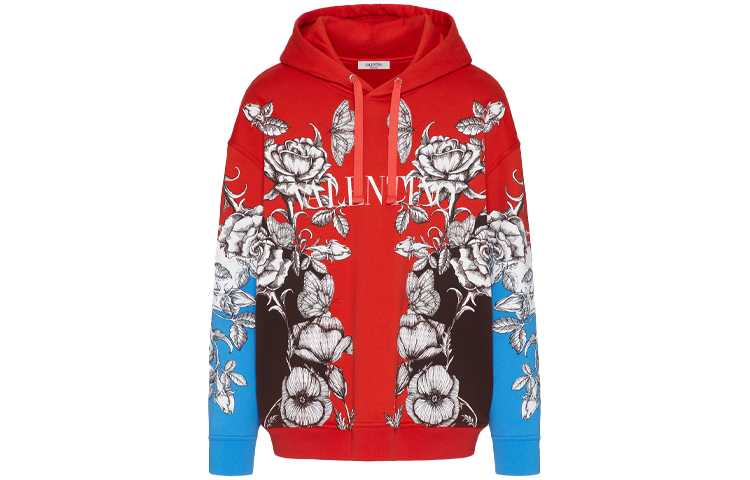 Valentino SS21 Dark Blooming Printed Cotton Hoodie Red WV3MF19I7L6U24