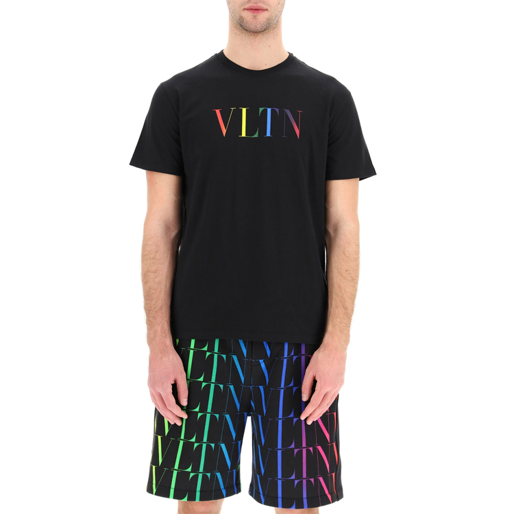 Shop Valentino Kaos Pria Hitam SS21 Multicolor Letter Cotton VV3MG10V72U20T