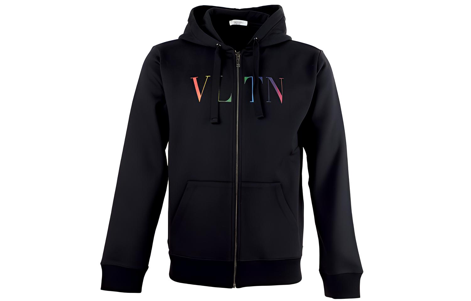 Valentino SS21 Solid Color Zip-Up Hoodie Jacket Black VV3MF11173B20T