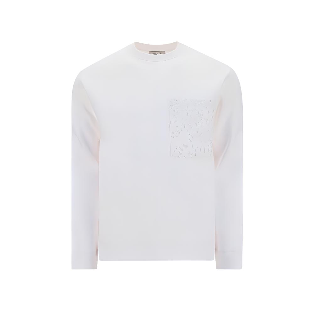 Valentino SS21 Solid Pocket Crewneck Sweatshirt White VV0MF14M7FDA33