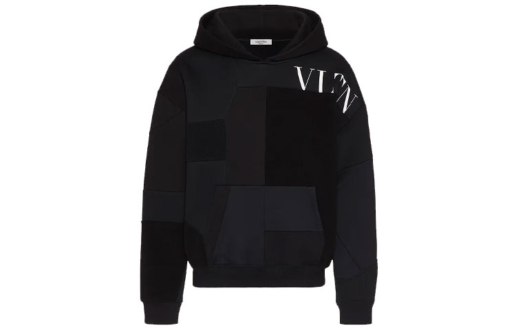 Valentino SS21 VLTN Logo Patchwork Cotton Hoodie Black WV3MF19B7CW0NI