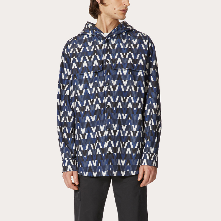 Shop Valentino SS22 藍色滿版印花寬鬆連帽外套 XV3CJE2680RN38