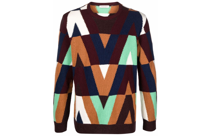 Order Valentino SS22 Logo Baju Sejuk Wool Rajut Multicolor Crewneck Pullover. XV3KC19D854CR0