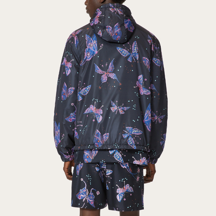 Shop 발렌티노 SS22 네이비 블루 버터플라이 프린트 후드 집업 재킷 XV3CI36983KCR4