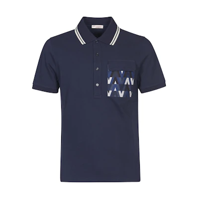 Valentino SS22 Navy Letter Pattern Pocket Short Sleeve Polo Shirt XV3MH02I85U598