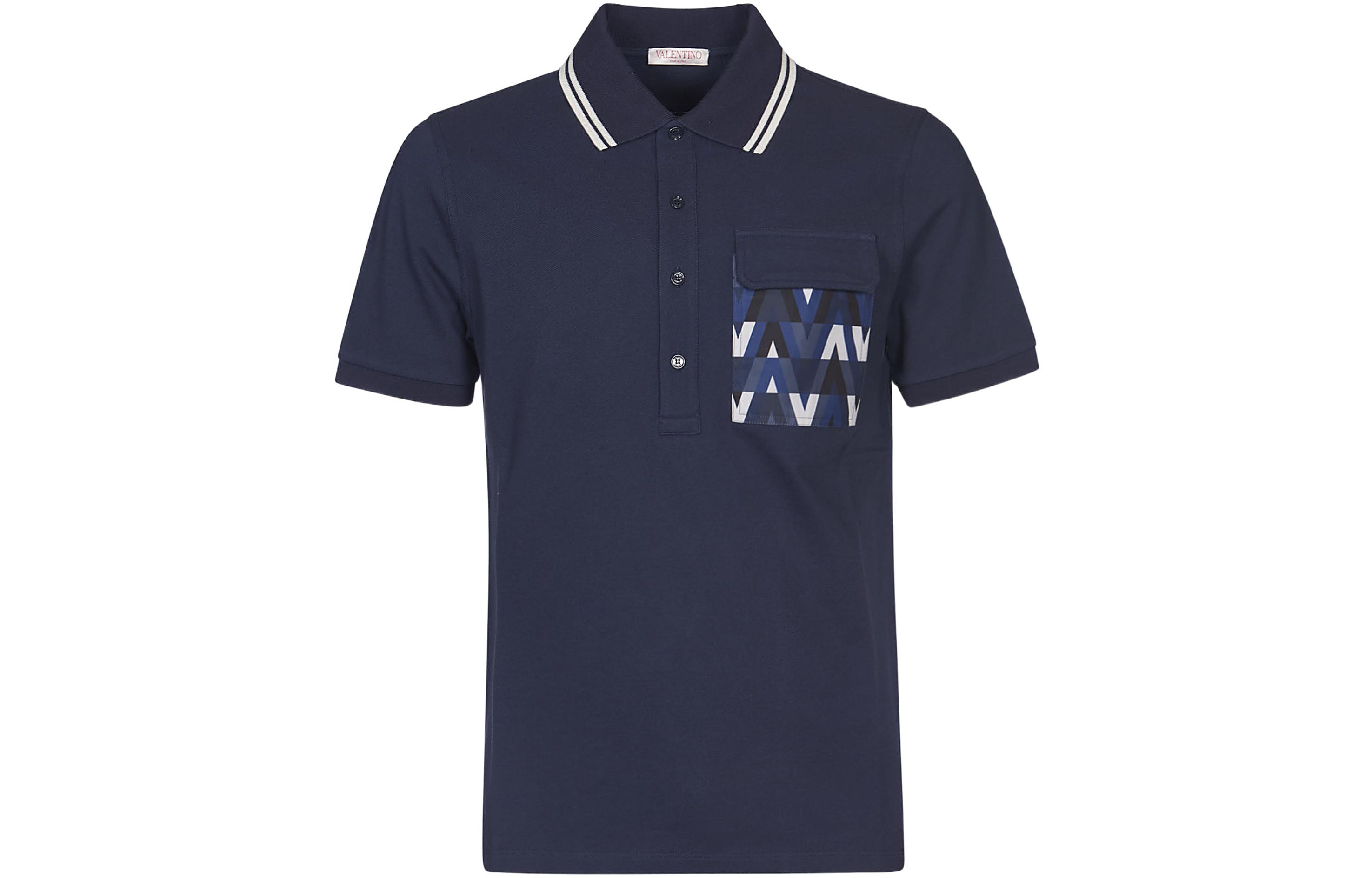 Order Valentino SS22 Kaos Polo Lengan Pendek Navy Motif Huruf dengan Saku. XV3MH02I85U598