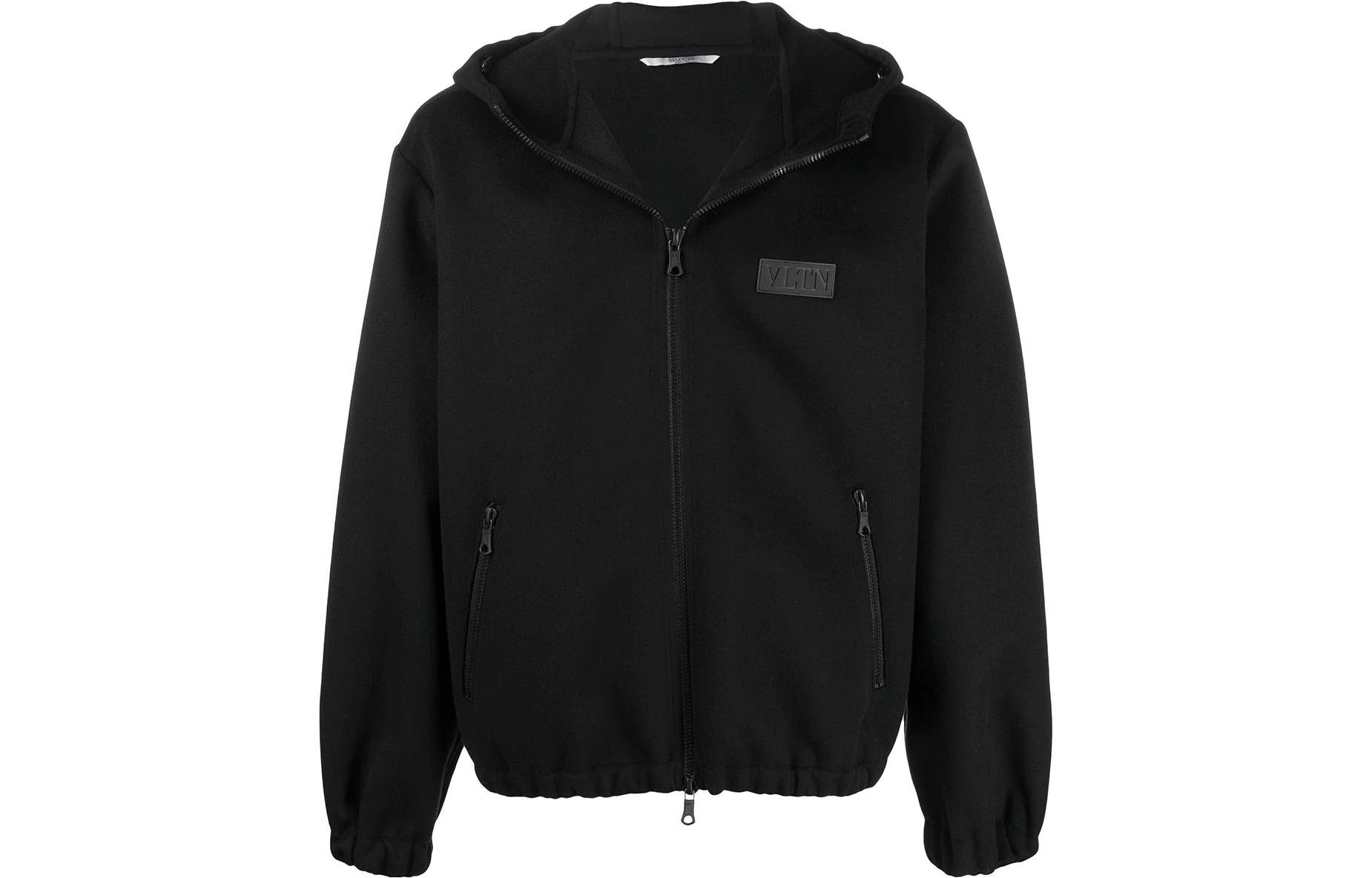 Valentino SS22 Black Hoodie Jacket with Logo Patch and Zip Pocket VCI3682KA0no