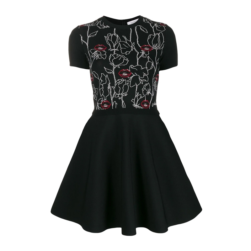 Valentino SS22 Black Lip Embroidered Cinched Waist Short Sleeve Dress SB0KDA474YY0NO
