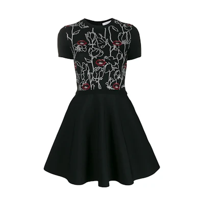 Valentino SS22 Black Lip Embroidered Cinched Waist Short Sleeve Dress SB0KDA474YY0NO