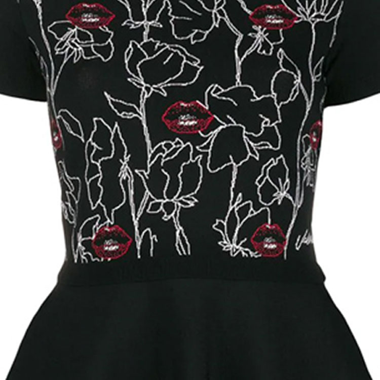 Sizing Valentino SS22 黑色刺繡唇圖收腰短袖連身裙 SB0KDA474YY0NO