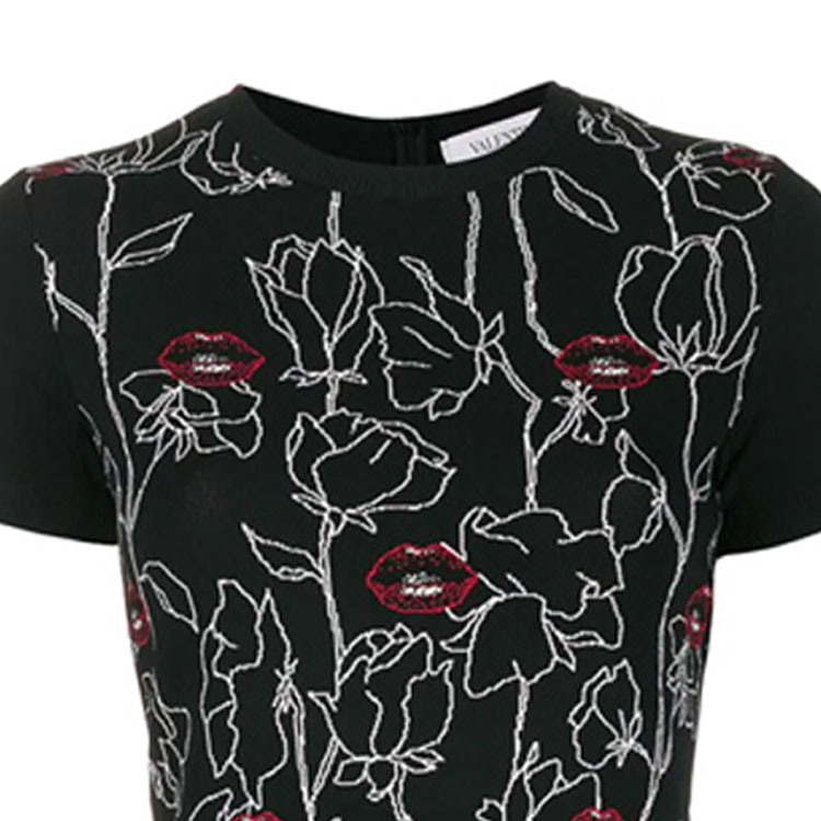 Cheap Valentino SS22 黑色刺繡唇圖收腰短袖連身裙 SB0KDA474YY0NO