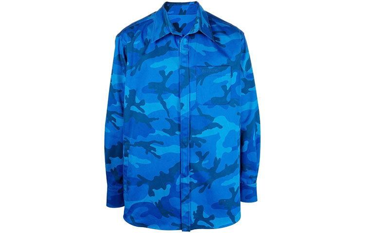 Valentino SS22 Blue Camouflage Embroidered Lettering Jacket for Men VCIA958JH7PR