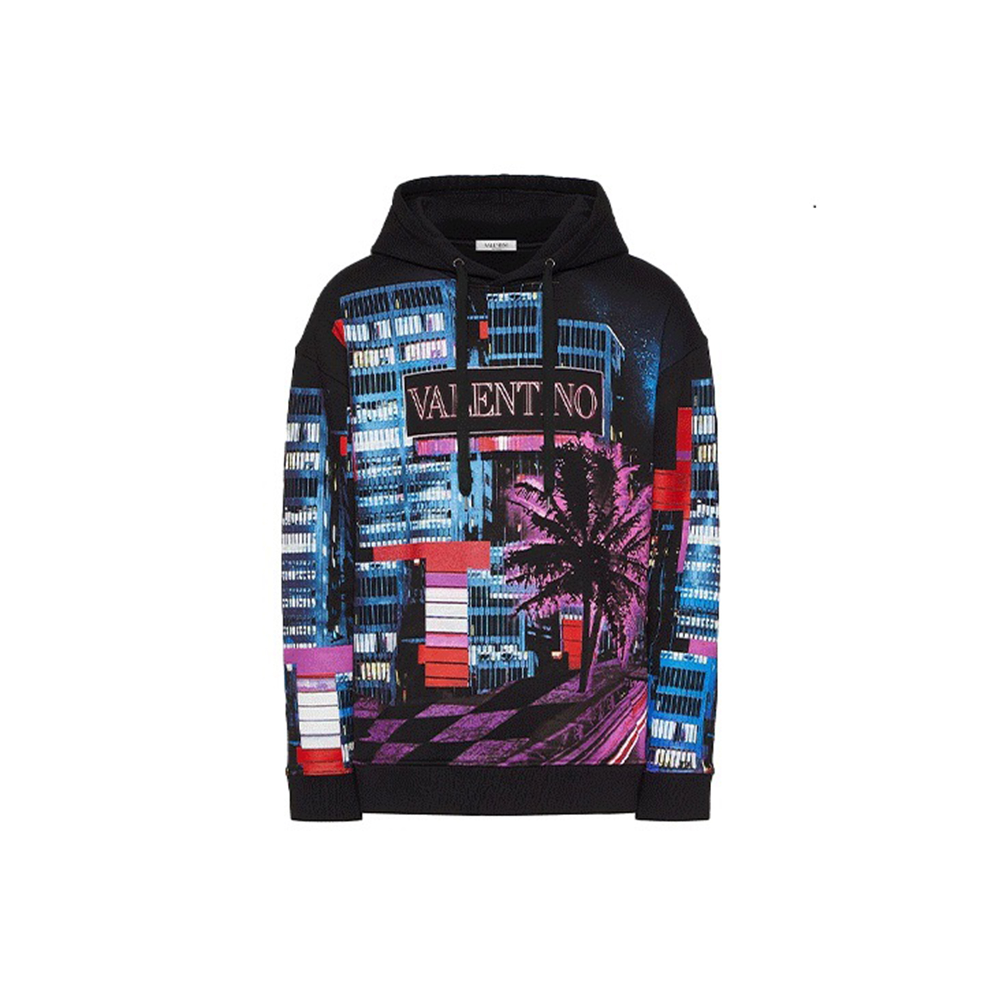 Valentino SS22 Electric City Graphic Hoodie  Black. XV3MF18I85DZ47