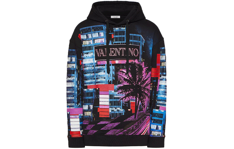 Order 발렌티노 SS22 일렉트릭 시티 그래픽 후디 블랙. XV3MF18I85DZ47