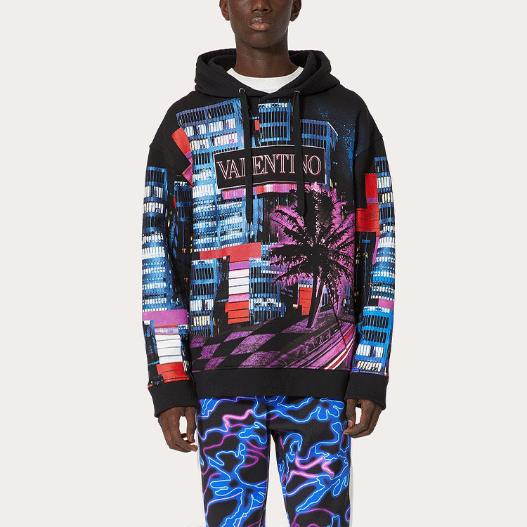 Shop 발렌티노 SS22 일렉트릭 시티 그래픽 후디 블랙. XV3MF18I85DZ47