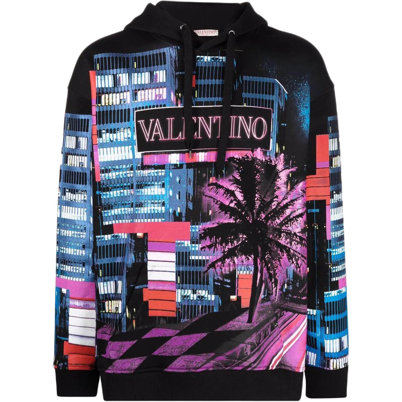 Valentino SS22 Electric City Print Oversized Hoodie Black VMF18I85DZ47