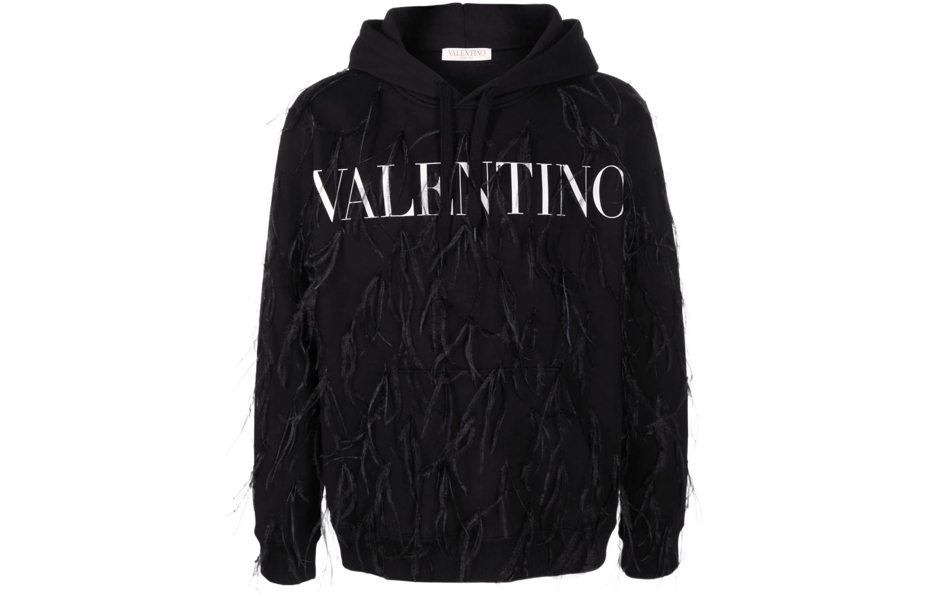 Valentino SS22 Feather-Trim Logo Hoodie Black VMF20Z8410NI