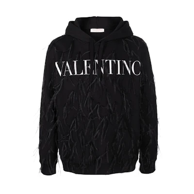 Valentino SS22 Feather-Trim Logo Hoodie Black VMF20Z8410NI