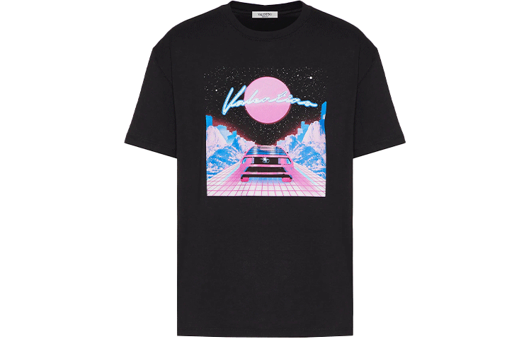 Order Valentino SS22 Kaos Print Grafis Lengan Pendek Hitam Pria XV3MG11H85H384