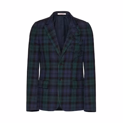 Valentino SS22 Green Floral Embroidered Checkered Blazer 1V3CEE108JSQB5