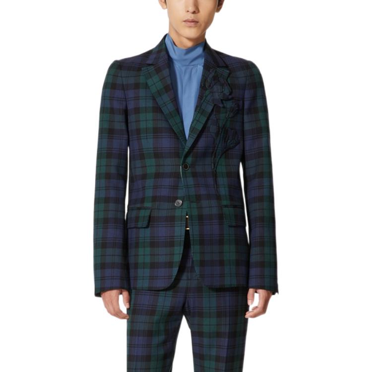 Shop Valentino SS22 绿色花卉刺绣格纹西装外套 1V3CEE108JSQB5